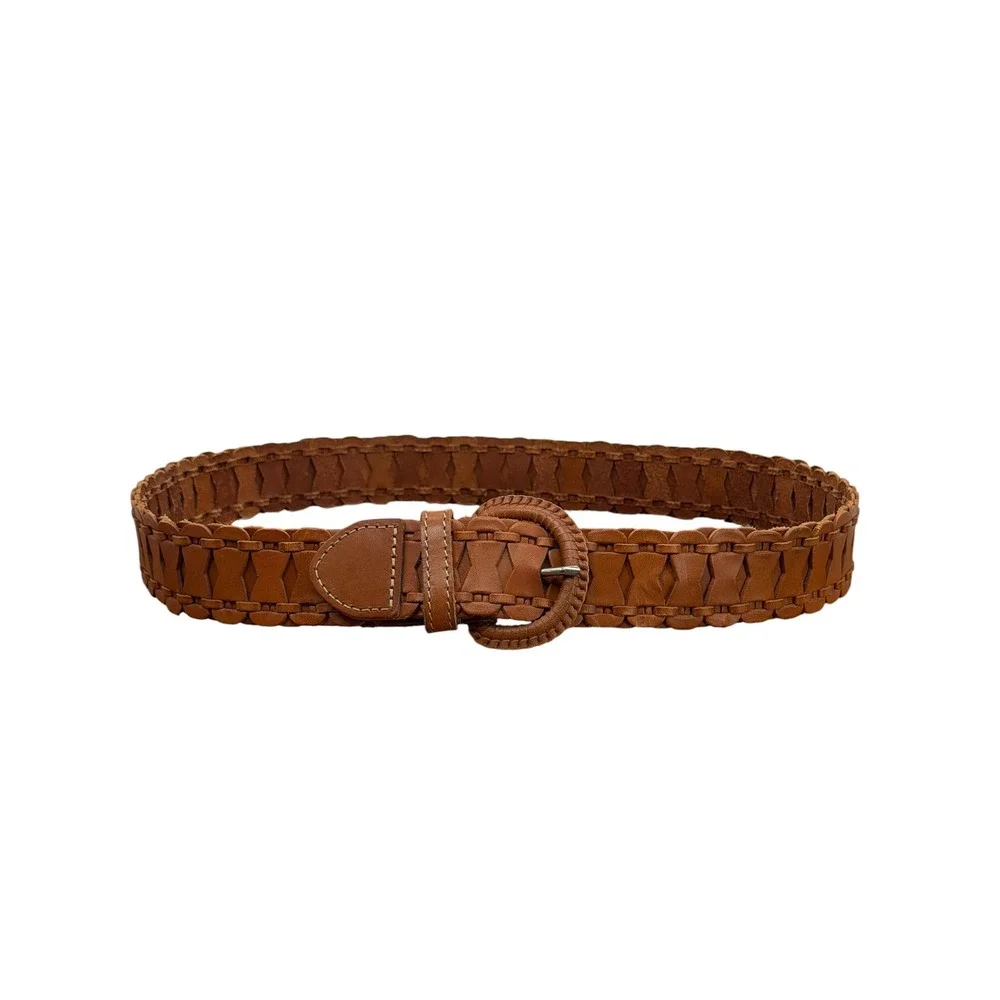 Fossil Leather Belt Womens SZ M Brown Western Boho Woven Covered Buckle Cottage